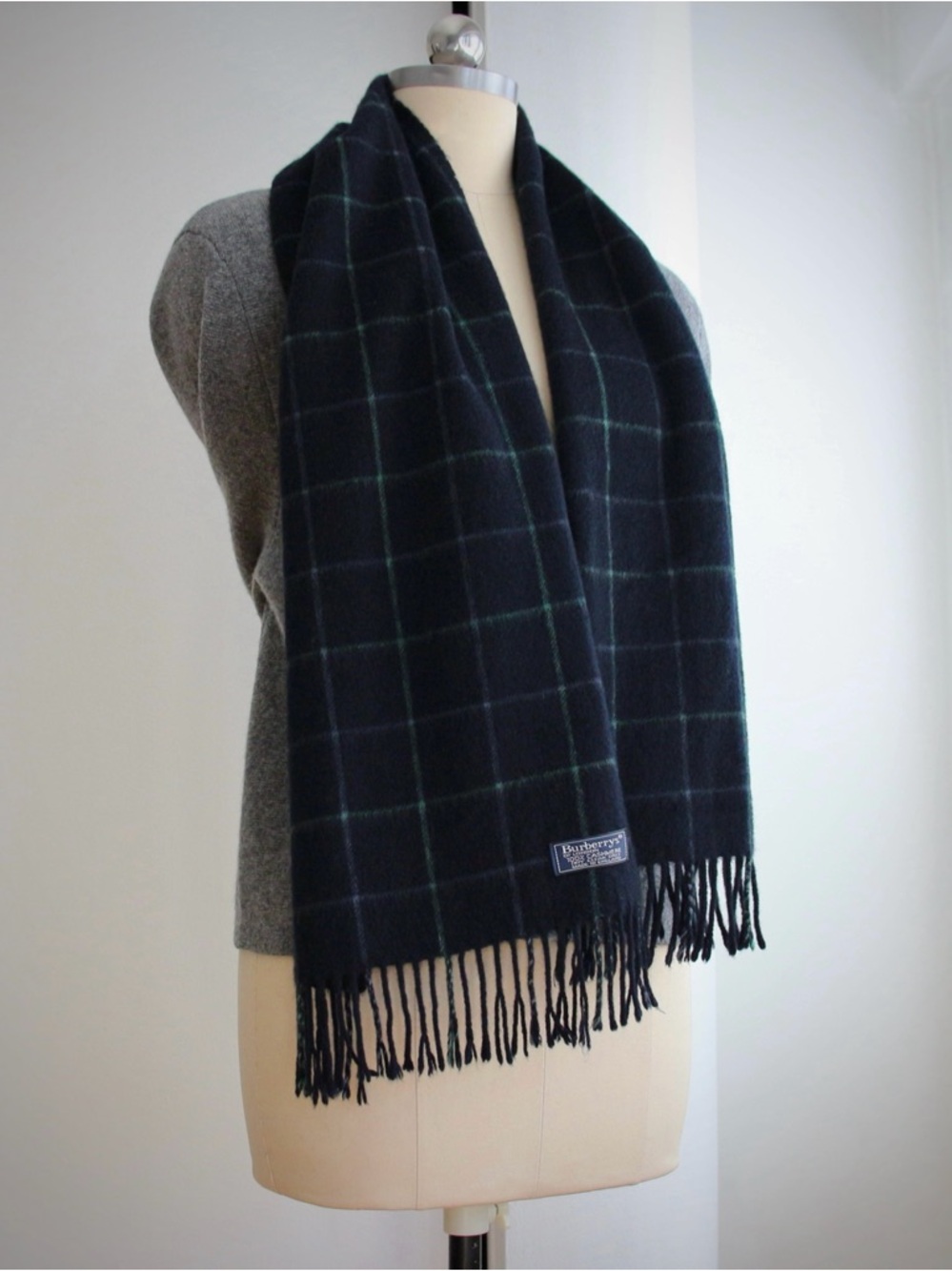 1990's Burberrys Cashmere Navy Plaid Scarf